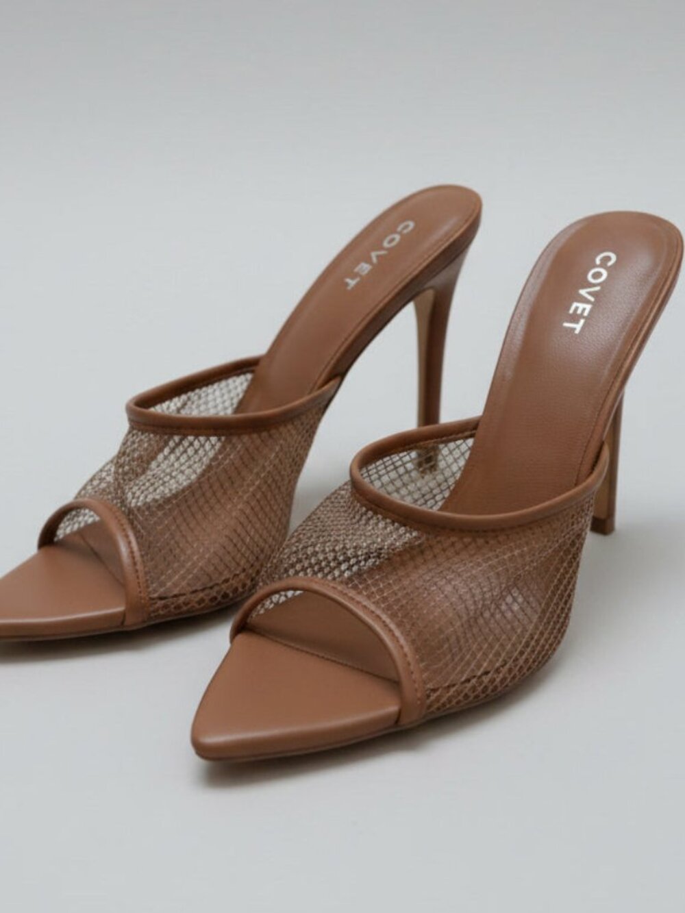 Covet Tan Mesh Stiletto Mules Size 39 | Women's Pointed-Toe Heels